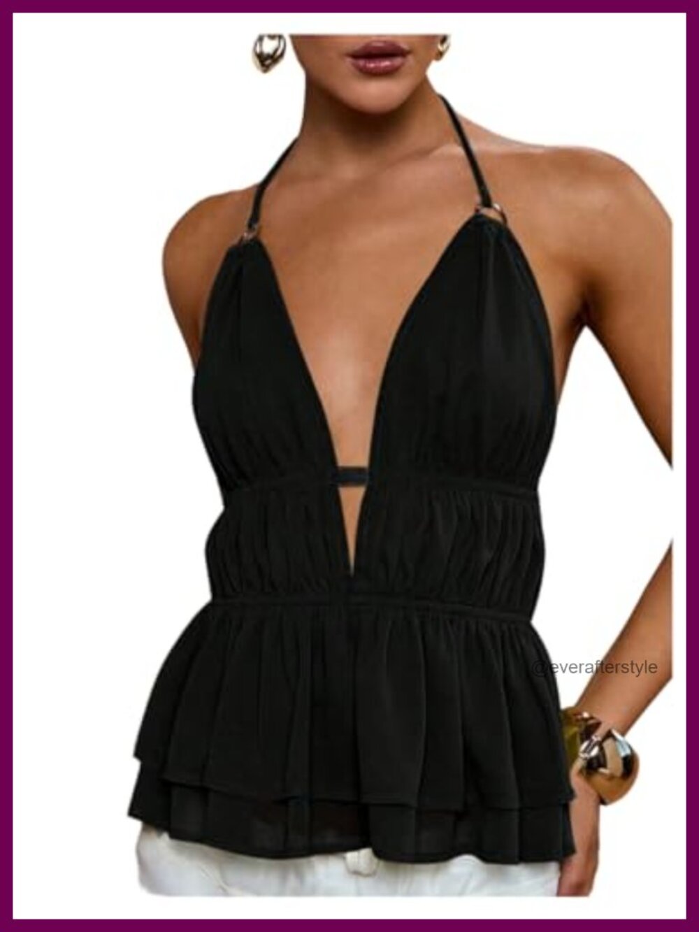 Sleeveless Halter Top V Neck Smocked Ruffle Tie Back Cami